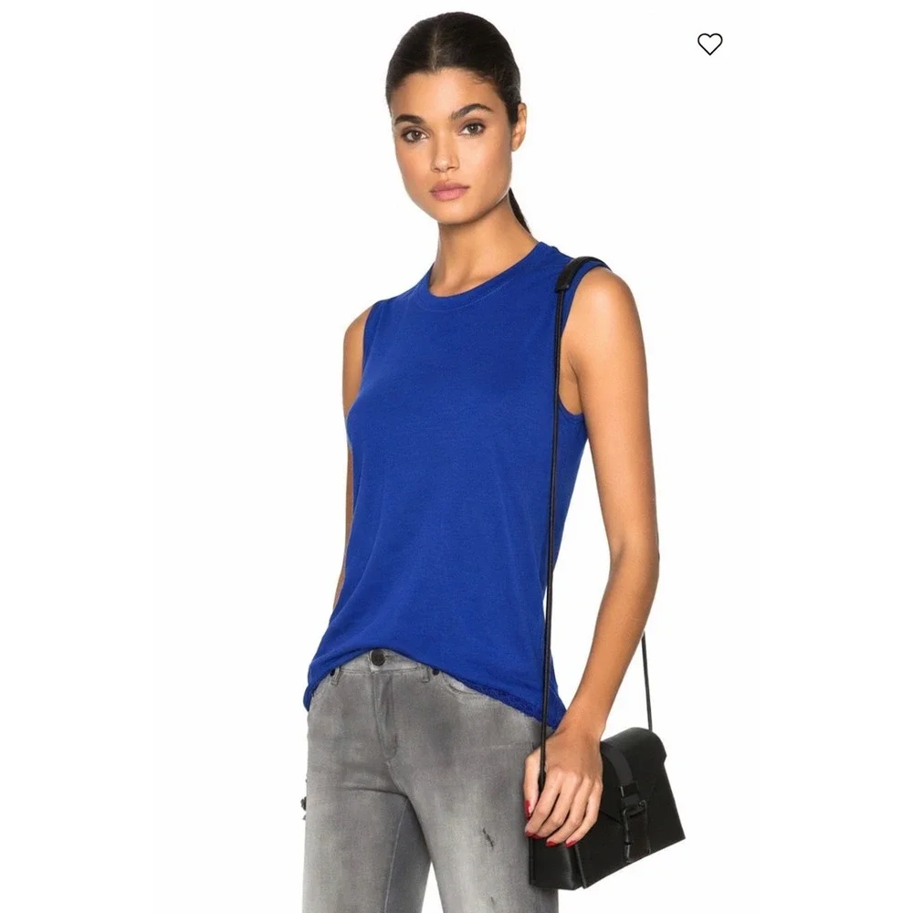 Raquel Allegra Bright Blue Rayon Lawn Jersey Muscle Tee Raw Hem Size XS‎ NEW